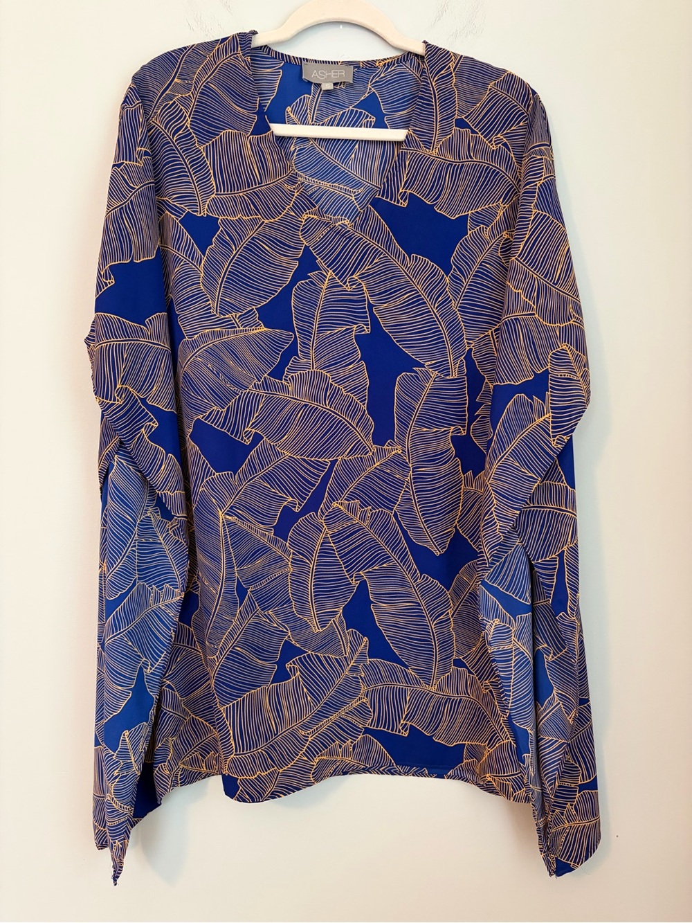 Asher Turner Cover Up Size Small Blue Gold Leaf Print Tunic Top Tropical Resort